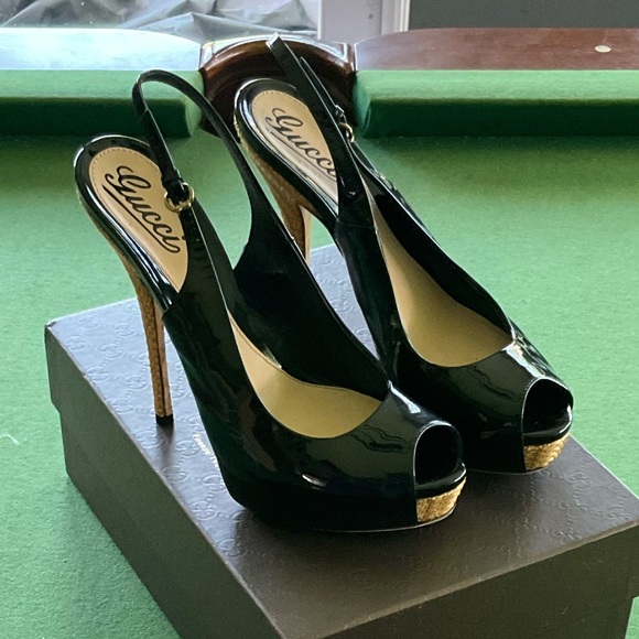 Gucci Open Toe Slingback Pump High Heels Patent Leather Black Size 8.5 B 38.5 - Picture 1 of 11